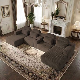 Modern Luxury Corduroy U-Shaped Sofa with Chaise Lounge & Cup Holders