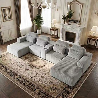 Modern Luxury Corduroy U-Shaped Sofa with Chaise Lounge & Cup Holders