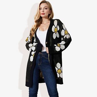 Women's Long Sleeve Button-Up Cardigan with Fun Floral Pattern and V-Neck Design