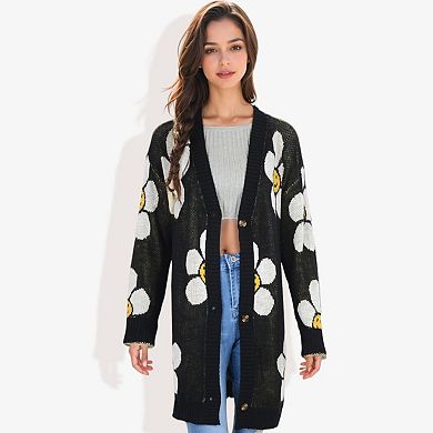 Women's Long Sleeve Button-Up Cardigan with Fun Floral Pattern and V-Neck Design