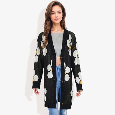 Women's Long Sleeve Button-Up Cardigan with Fun Floral Pattern and V-Neck Design