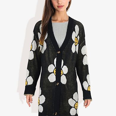 Women's Long Sleeve Button-Up Cardigan with Fun Floral Pattern and V-Neck Design