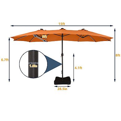 15FT Double-Head Patio Umbrella w/ Base, Solar Detachable Lights, Rectangular Crank