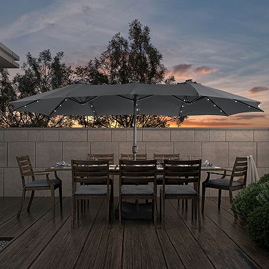 15FT Double-Head Patio Umbrella w/ Base, Solar Detachable Lights, Rectangular Crank