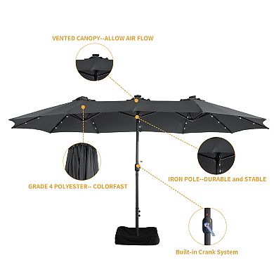 15FT Double-Head Patio Umbrella w/ Base, Solar Detachable Lights, Rectangular Crank