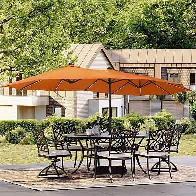 15FT Double-Head Patio Umbrella w/ Base, Solar Detachable Lights, Rectangular Crank