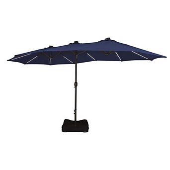 15FT Double-Head Patio Umbrella w/ Base, Solar Detachable Lights, Rectangular Crank