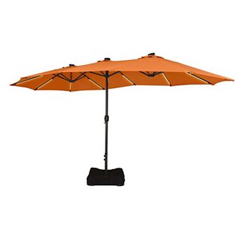 15FT Double-Head Patio Umbrella w/ Base, Solar Detachable Lights, Rectangular Crank