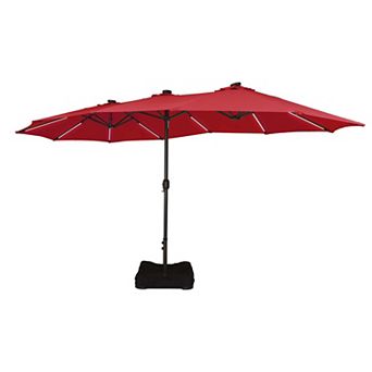 15FT Double-Head Patio Umbrella w/ Base, Solar Detachable Lights, Rectangular Crank