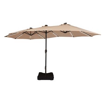 15FT Double-Head Patio Umbrella w/ Base, Solar Detachable Lights, Rectangular Crank