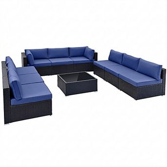 10 pc Outdoor Wicker Conversation Set with Seat and Back Cushions
