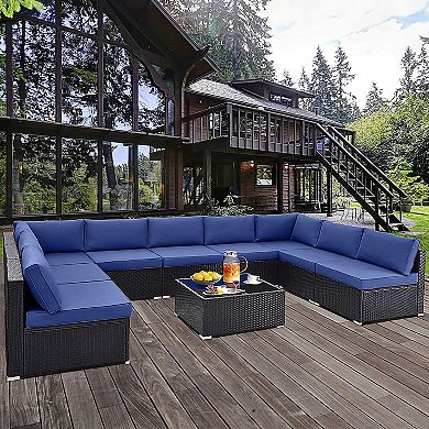 10 Piece Outdoor Wicker Conversation Set with Seat and Back Cushions