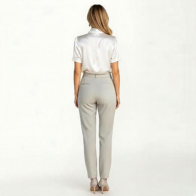 Women's Satin Bow Neck Blouse with Short Sleeves and Smooth Draped Finish