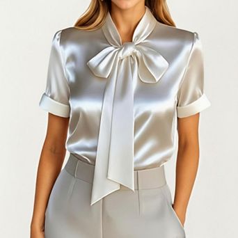 Women's Satin Bow Neck Blouse with Short Sleeves and Smooth Draped Finish