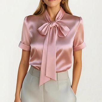 Women's Satin Bow Neck Blouse with Short Sleeves and Smooth Draped Finish