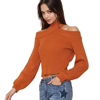 Women's Turtleneck Cold Shoulder Cropped Long Sleeve Sweater