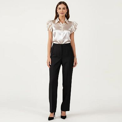 Women's Satin Button Down Blouse with Ruffle Sleeves and Collared Neckline