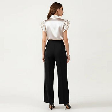 Women's Satin Button Down Blouse with Ruffle Sleeves and Collared Neckline