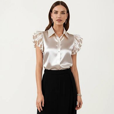 Women's Satin Button Down Blouse with Ruffle Sleeves and Collared Neckline