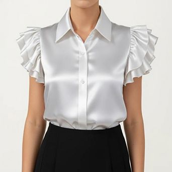 Women's Satin Button Down Blouse with Ruffle Sleeves and Collared Neckline