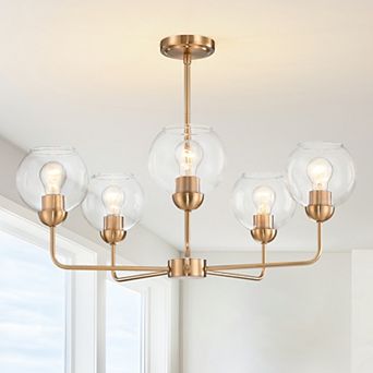 28 in 5-Light Modern Antique Brass Chandelier with Clear Glass Globe Shades for Dining Room