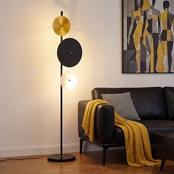63.5 in 3-Light Modern Black and Brass Floor Lamp with White Natural Marble Shades for living room