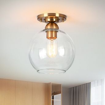 9.25 in Modern Antique Brass Flush Mount Ceiling Light with Clear Glass Globe for Hallway