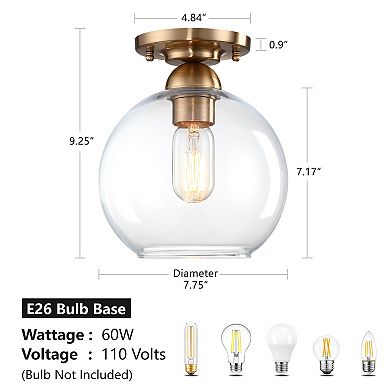 9.25 in. Modern Antique Brass Flush Mount Ceiling Light with Clear Glass Globe for Hallway