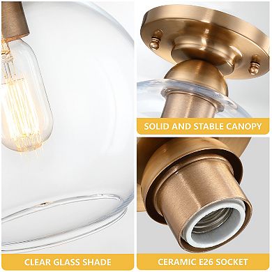 9.25 in. Modern Antique Brass Flush Mount Ceiling Light with Clear Glass Globe for Hallway