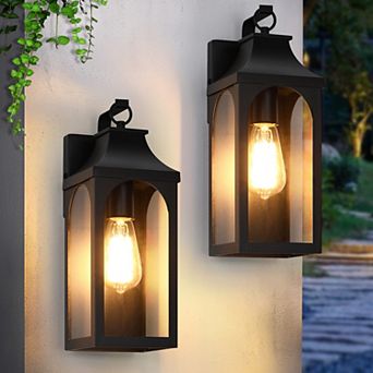 14 in 2-Pack Modern Black Outdoor Wall Lanterns with Clear Glass,Weather Resistant for porch