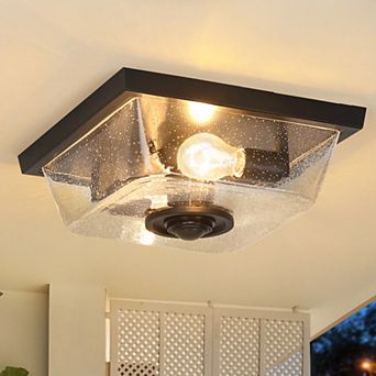 12.25 in 2-Light Modern Farmhouse Motion Sensor Porch Ceiling Light with Seeded Glass