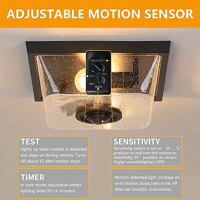 12.25 in. 2-Light Modern Farmhouse Motion Sensor Porch Ceiling Light with Seeded Glass