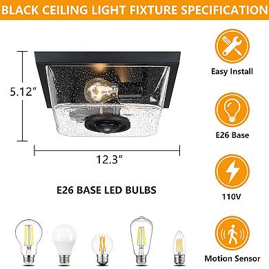 12.25 in. 2-Light Modern Farmhouse Motion Sensor Porch Ceiling Light with Seeded Glass