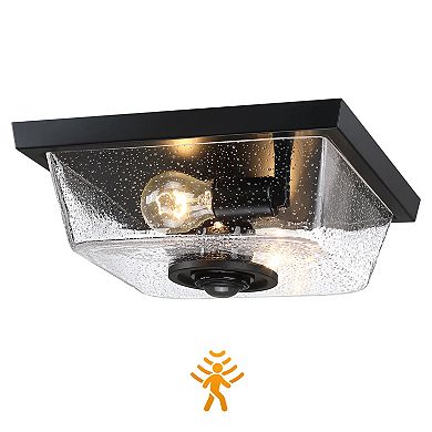 12.25 in. 2-Light Modern Farmhouse Motion Sensor Porch Ceiling Light with Seeded Glass