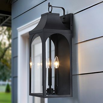 22.5 in 3-Light Modern Farmhouse Matte Black Outdoor Wall Lantern with Clear Glass