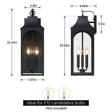 22.5 in. 3-Light Modern Farmhouse Matte Black Outdoor Wall Lantern with Clear Glass