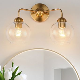 15.75 in 2-Light Mid-Century Antique Brass Vanity Wall Sconce with Clear Glass Shades for Bathrooms