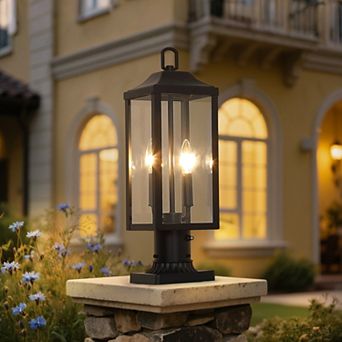 20 in 2-Light Farmhouse Dusk-to-Dawn Matte Black Outdoor Post Light with Clear Glass for Porches