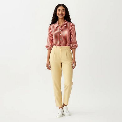 Women's Striped Button Down Blouse with Collared Neckline and Puff Sleeves