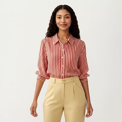 Women's Striped Button Down Blouse with Collared Neckline and Puff Sleeves