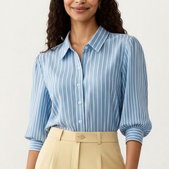 Women's Striped Button Down Blouse with Collared Neckline and Puff Sleeves