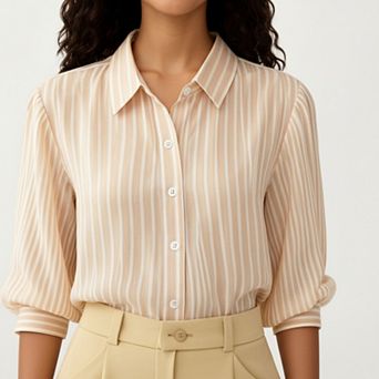 Women's Striped Button Down Blouse with Collared Neckline and Puff Sleeves