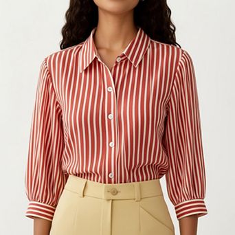 Women's Striped Button Down Blouse with Collared Neckline and Puff Sleeves