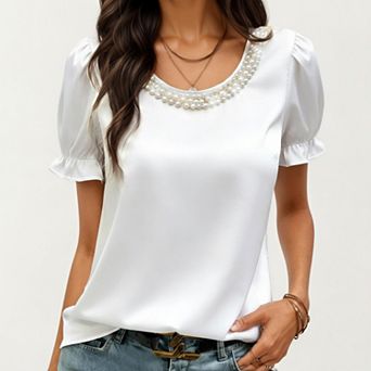 Women's Satin Faux Pearl Neck Top with Puff Sleeves and Smooth Draped Finish