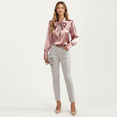 Women's Satin Bow Neck Blouse with Long Puff Sleeves and Wide Cuffs