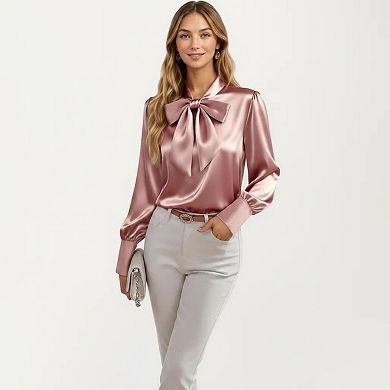Women's Satin Bow Neck Blouse with Long Puff Sleeves and Wide Cuffs