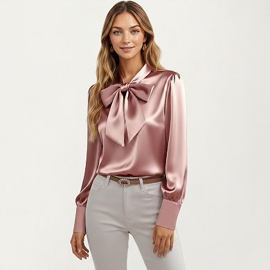 Women's Satin Bow Neck Blouse with Long Puff Sleeves and Wide Cuffs