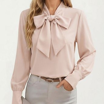 Women's Satin Bow Neck Blouse with Long Puff Sleeves and Wide Cuffs