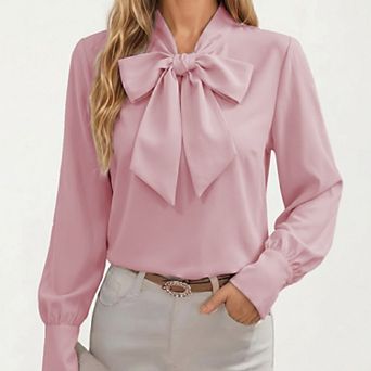 Women's Satin Bow Neck Blouse with Long Puff Sleeves and Wide Cuffs