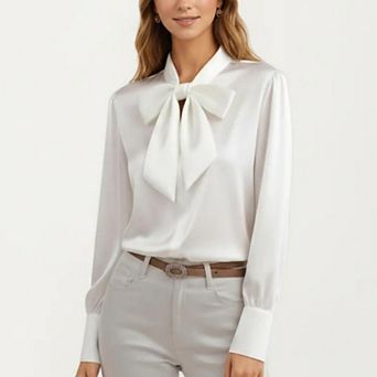 Women's Satin Bow Neck Blouse with Long Puff Sleeves and Wide Cuffs
